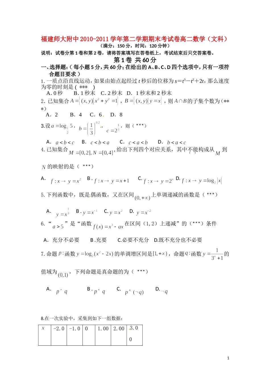 福建省师大附中10-11学年高二数学下学期期末模块测试题 文 新人教A版【会员独享】_第1页