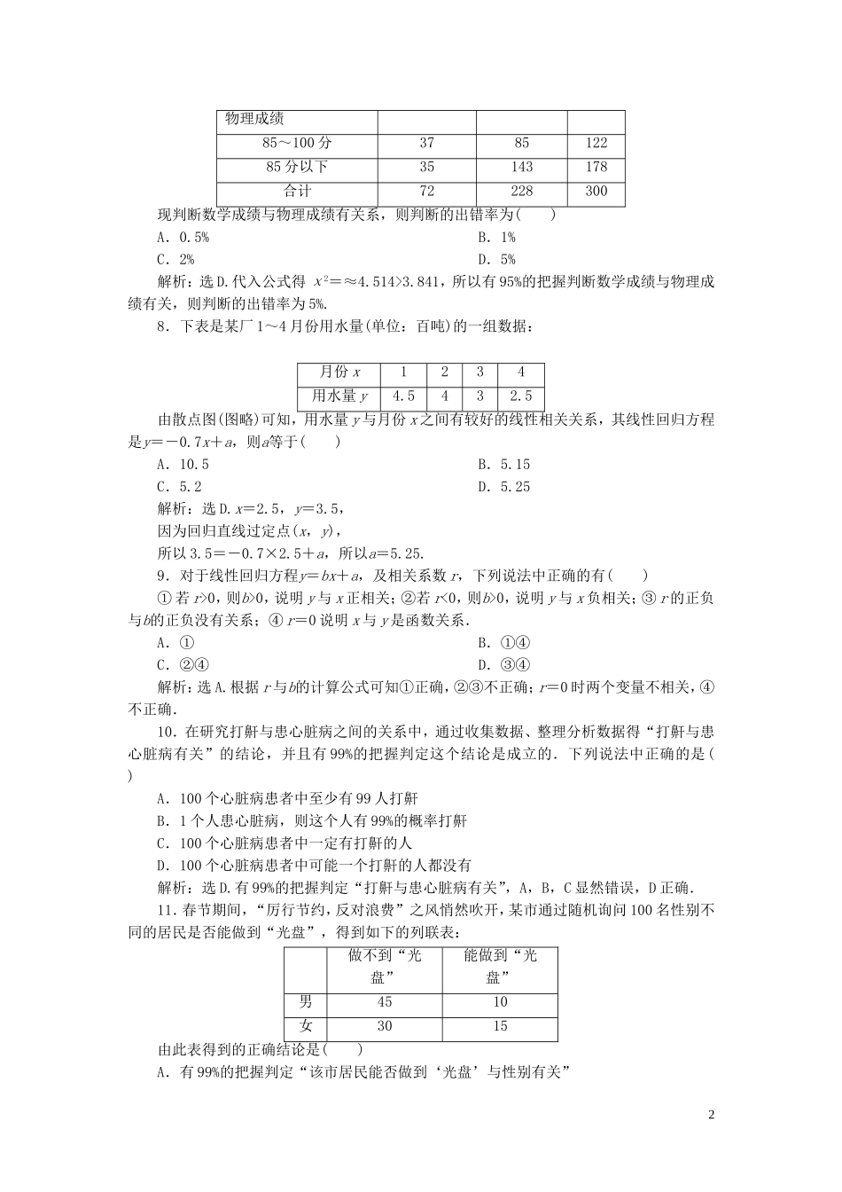 高中数学 第3章 统计案例章末综合检测（三） 苏教版选修2-3-苏教版高二选修2-3数学试题_第2页