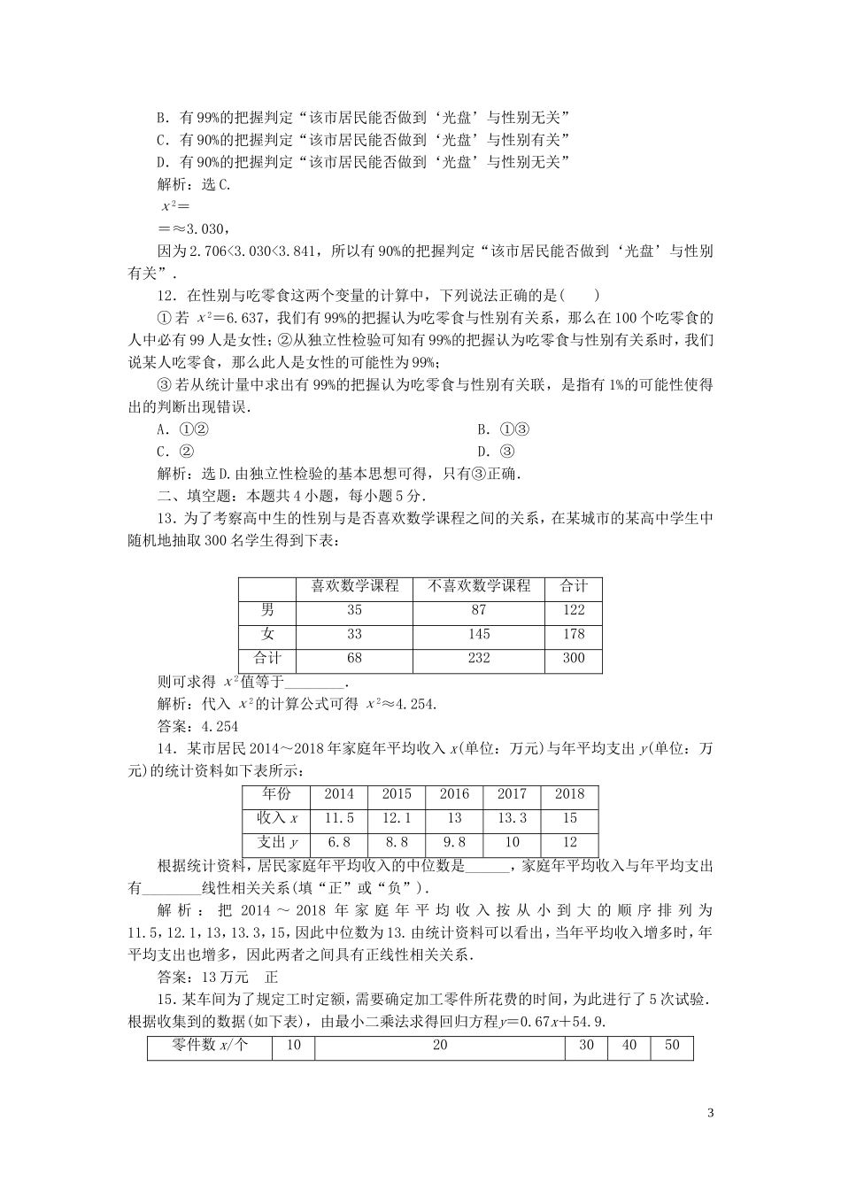 高中数学 第3章 统计案例章末综合检测（三） 苏教版选修2-3-苏教版高二选修2-3数学试题_第3页
