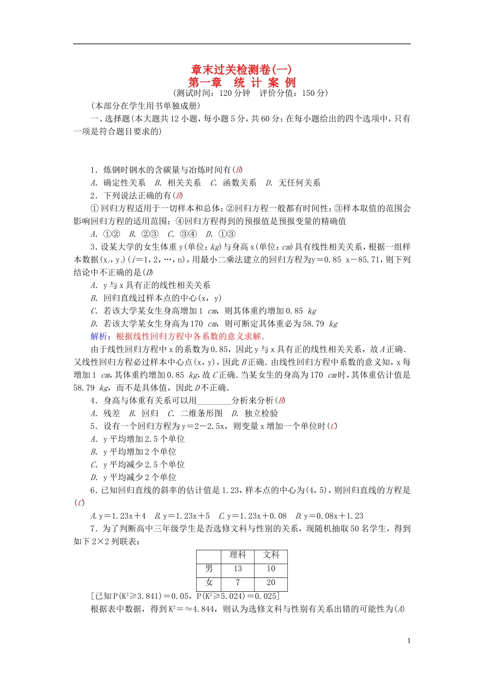 高中数学 第一章 统计案例章末过关检测卷 新人教A版选修1-2-新人教A版高二选修1-2数学试题_第1页
