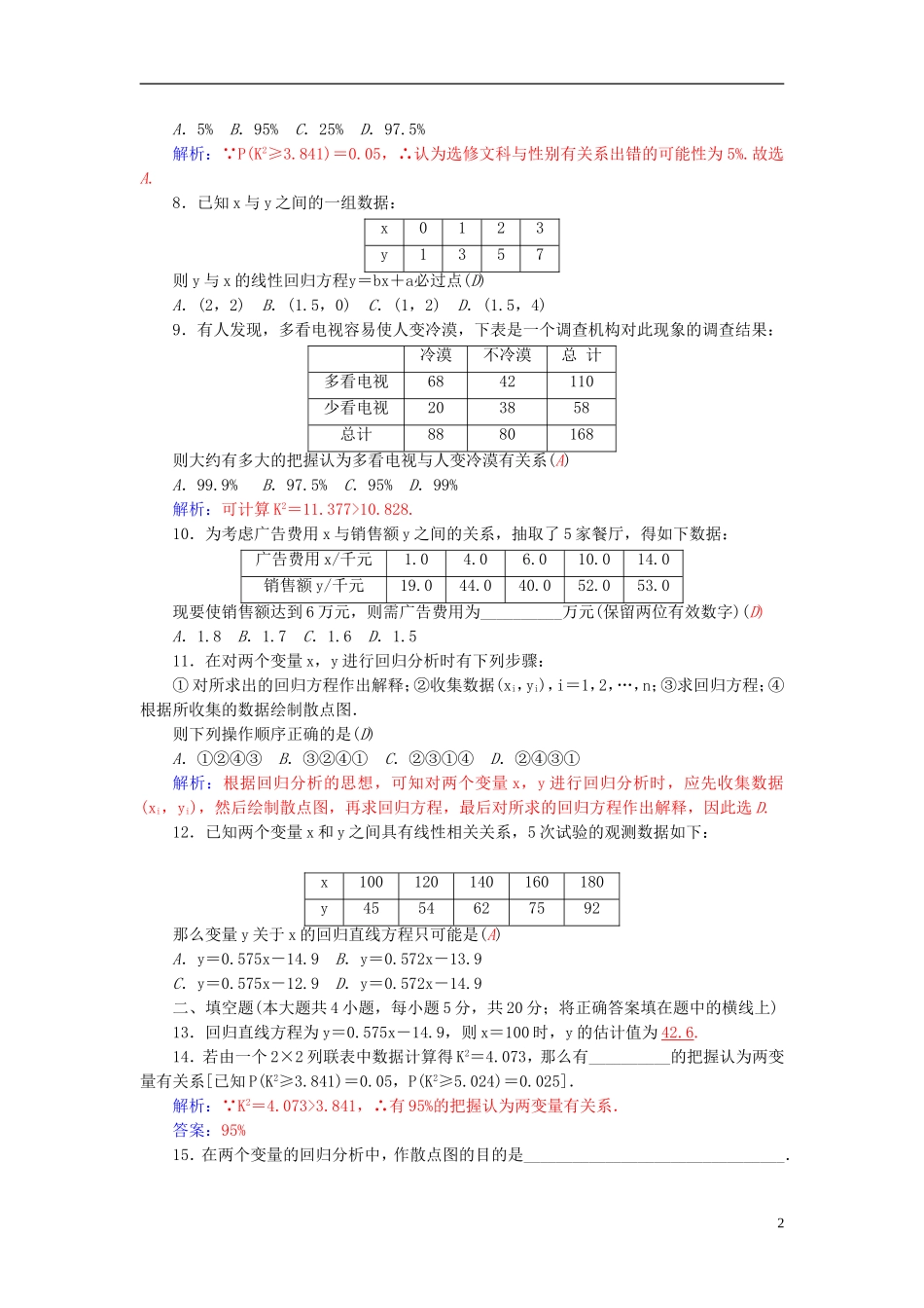 高中数学 第一章 统计案例章末过关检测卷 新人教A版选修1-2-新人教A版高二选修1-2数学试题_第2页