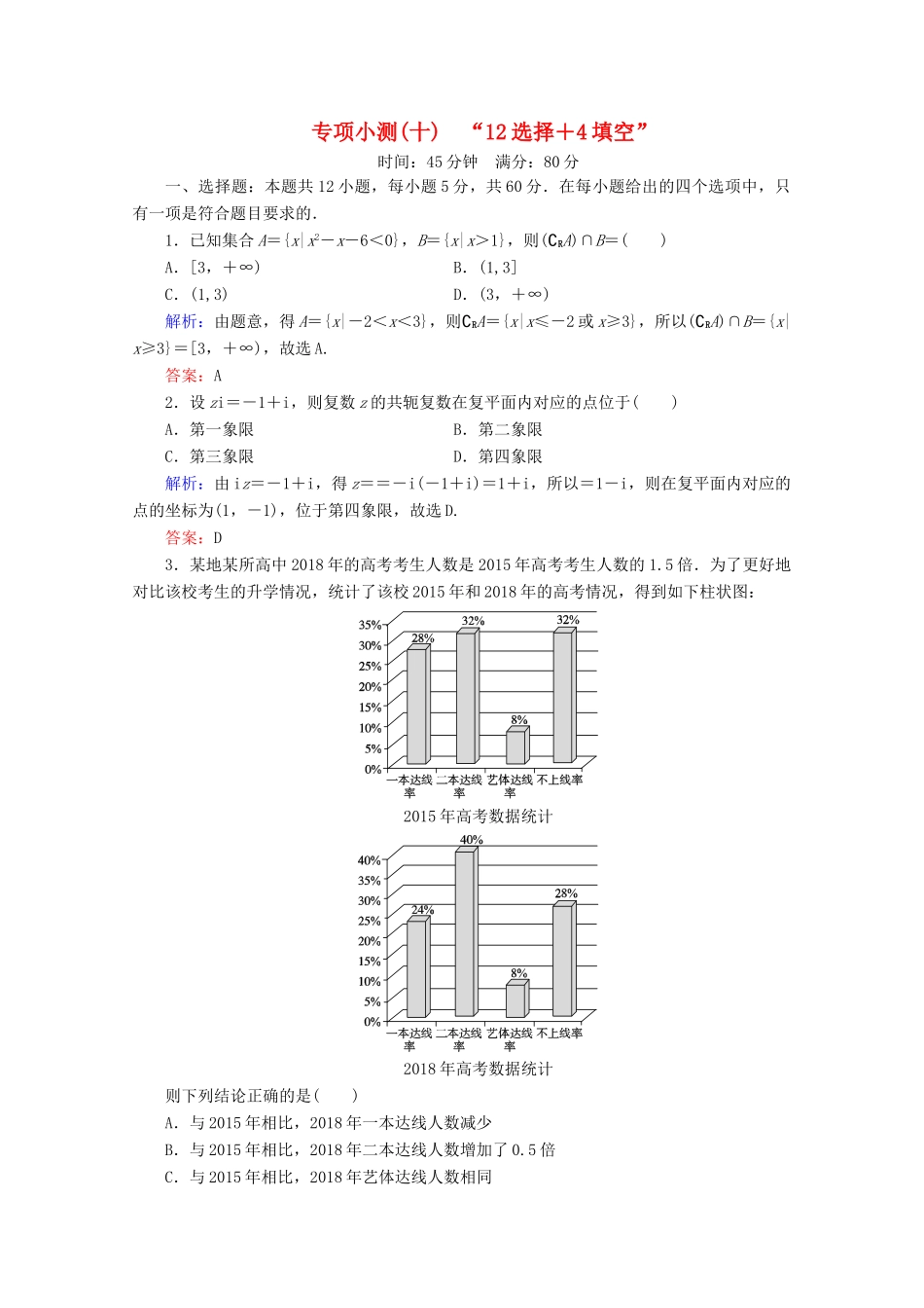 （新高考）高考数学二轮复习 专项小测10 “12选择＋4填空” 理-人教版高三全册数学试题_第1页