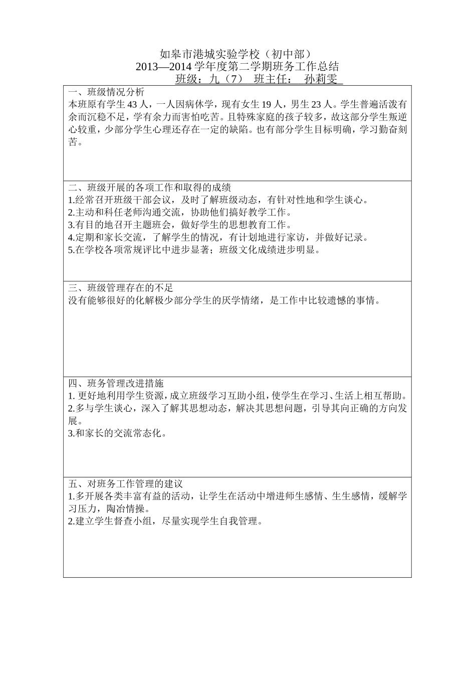 班务工作小结表_第1页