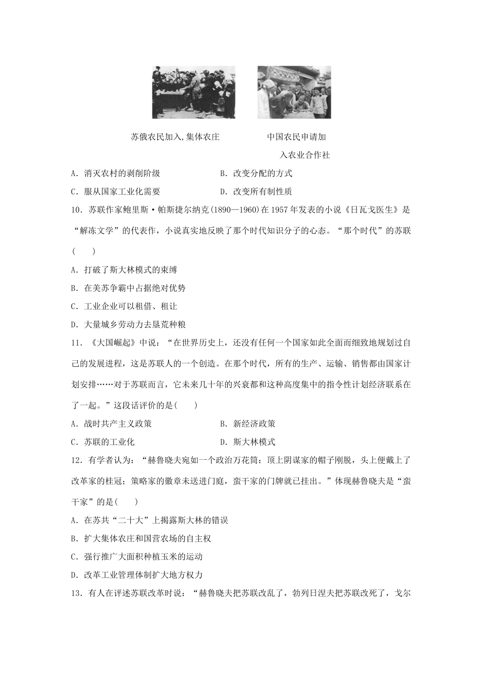 高中历史 专题七 苏联社会主义建设的经验与教训专题检测卷 人民版必修2-人民版高一必修2历史试题_第3页