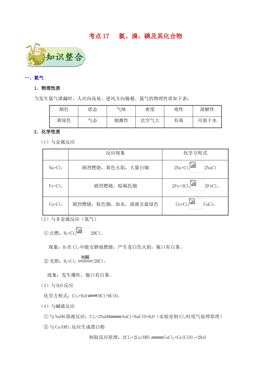 浙江省备战高考化学 一遍过考点17 氯、溴、碘及其化合物（含解析）-人教版高三全册化学试题_第1页
