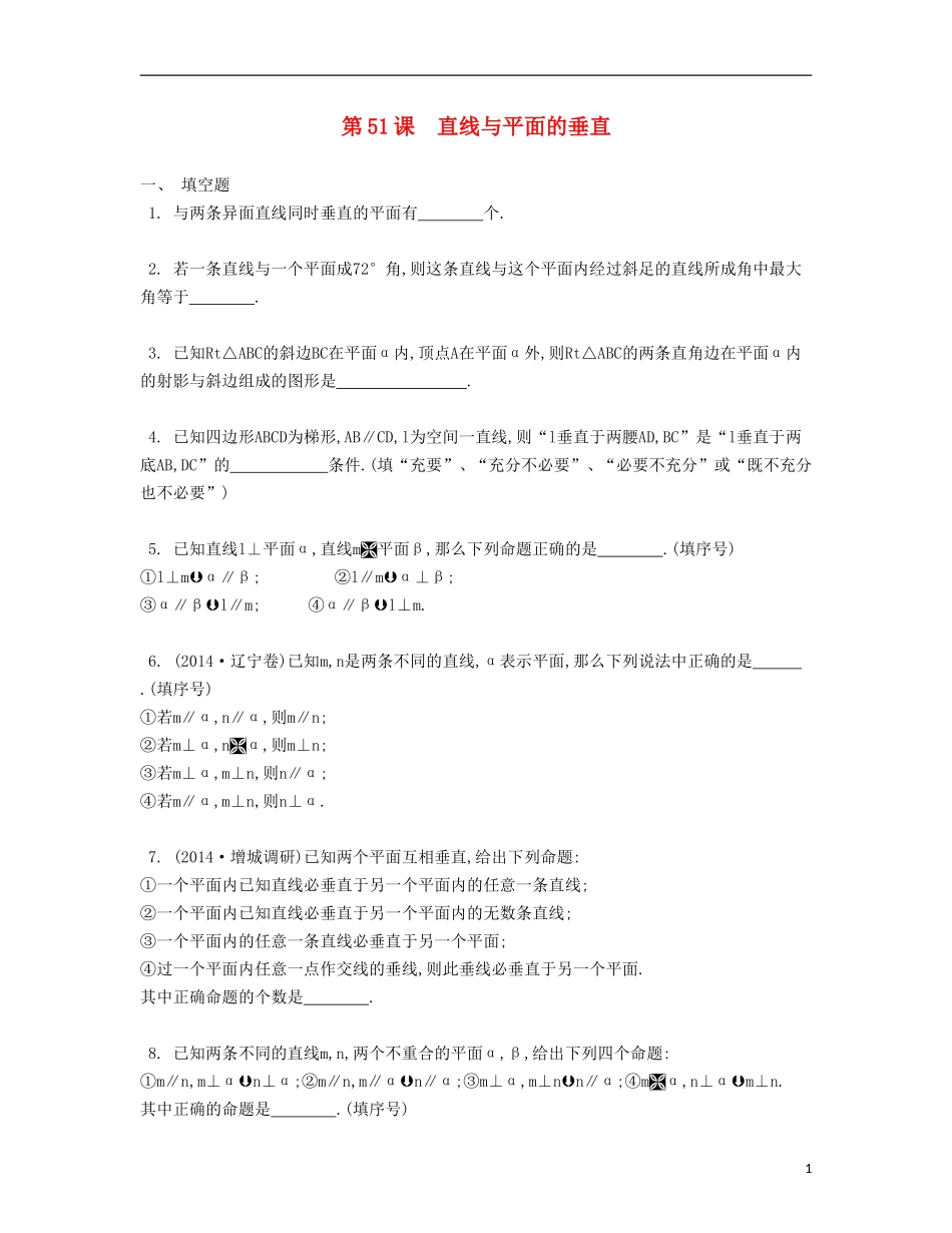 （江苏专用）高考数学大一轮复习 第九章 第51课 直线与平面的垂直检测评估-人教版高三全册数学试题_第1页