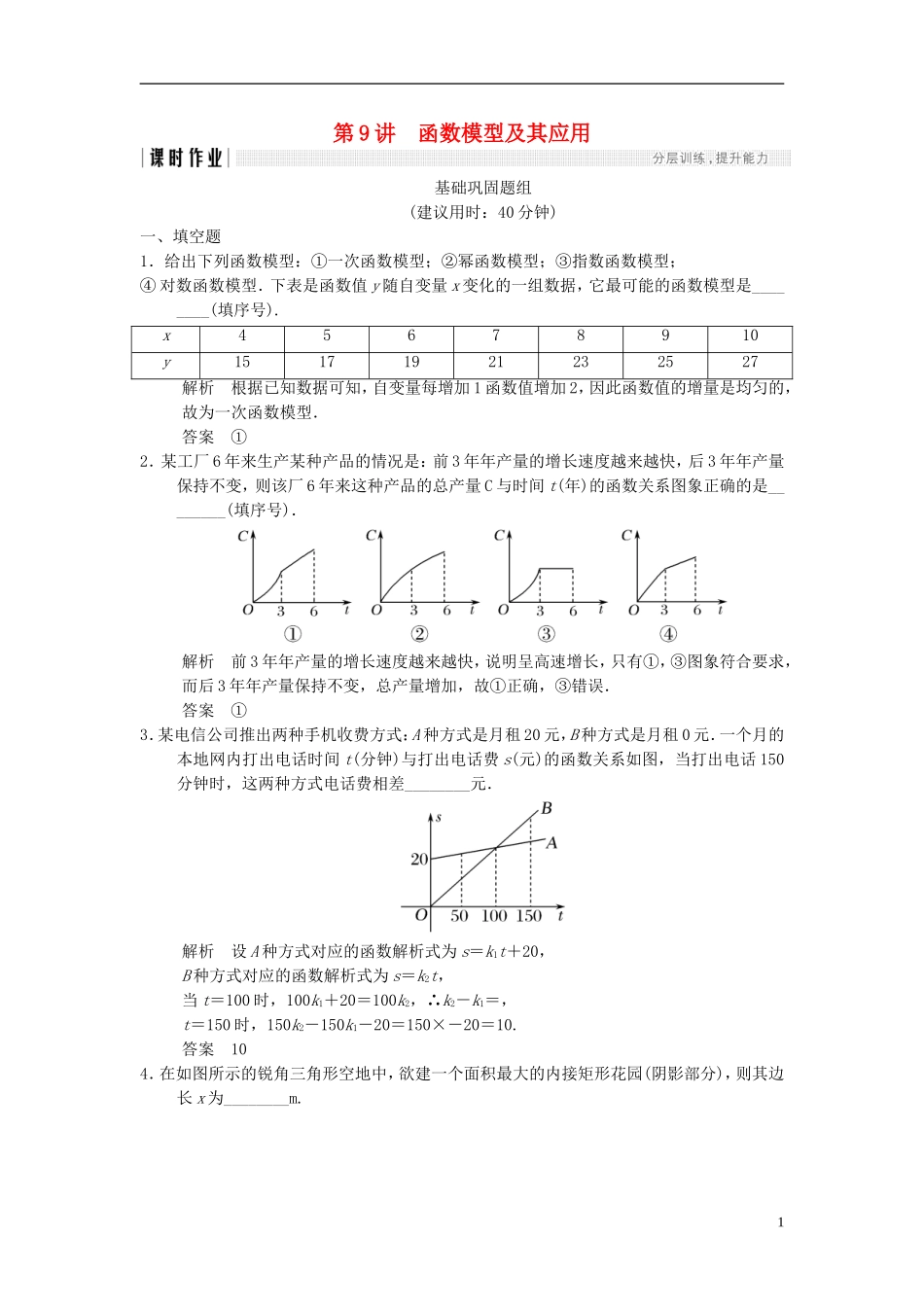 （江苏专用）高考数学一轮复习 第二章 函数概念与基本初等函数I 2.9 函数模型及其应用课时作业 文-人教版高三全册数学试题_第1页
