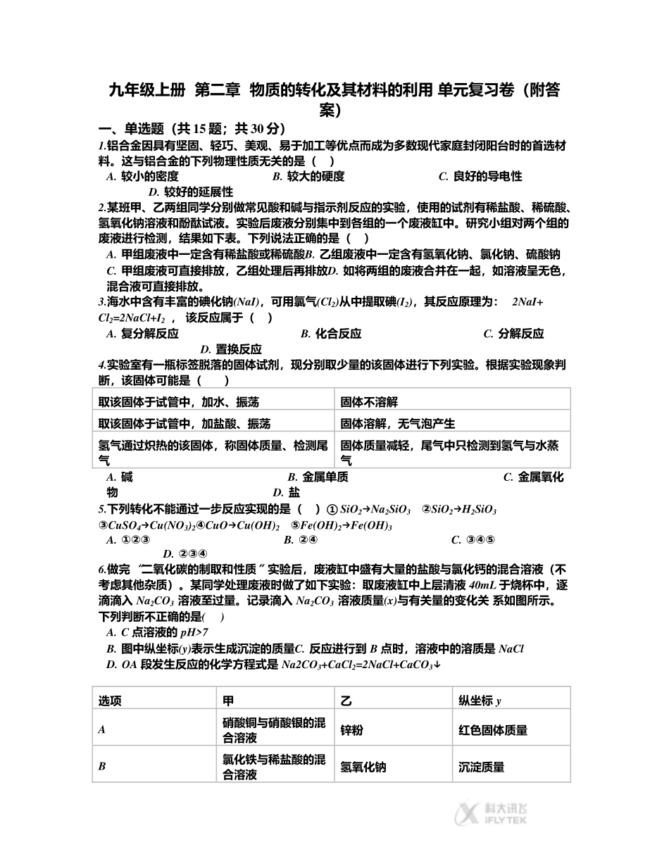 【文档】习题《材料的利用与发展》(浙教科学九上)_第1页