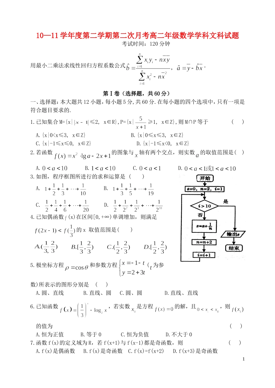 辽宁省葫芦岛一高10-11学年高二数学下学期第二次月考 文【会员独享】_第1页