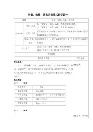 常量、变量、函数及表达式教学设计