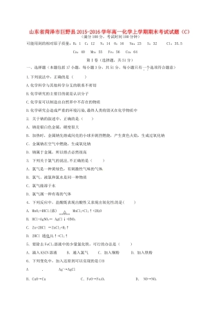 山东省菏泽市巨野县高一化学上学期期末考试试题（C）-人教版高一全册化学试题