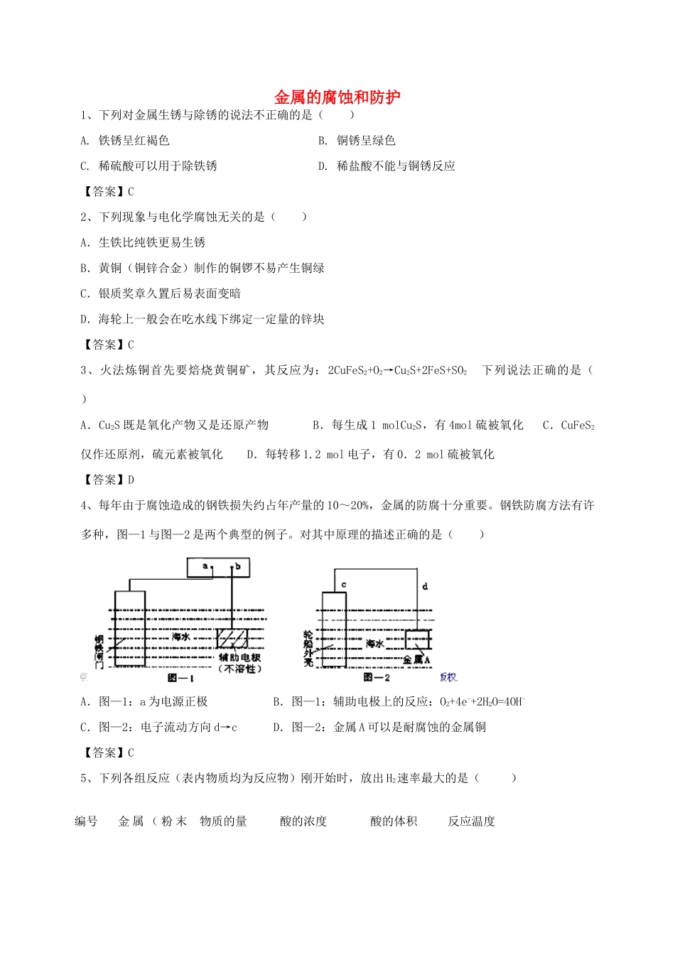 河南省郑州市二中高考化学二轮复习 考点各个击破 考前第83天 金属的腐蚀和防护（含解析）-人教版高三全册化学试题_第1页