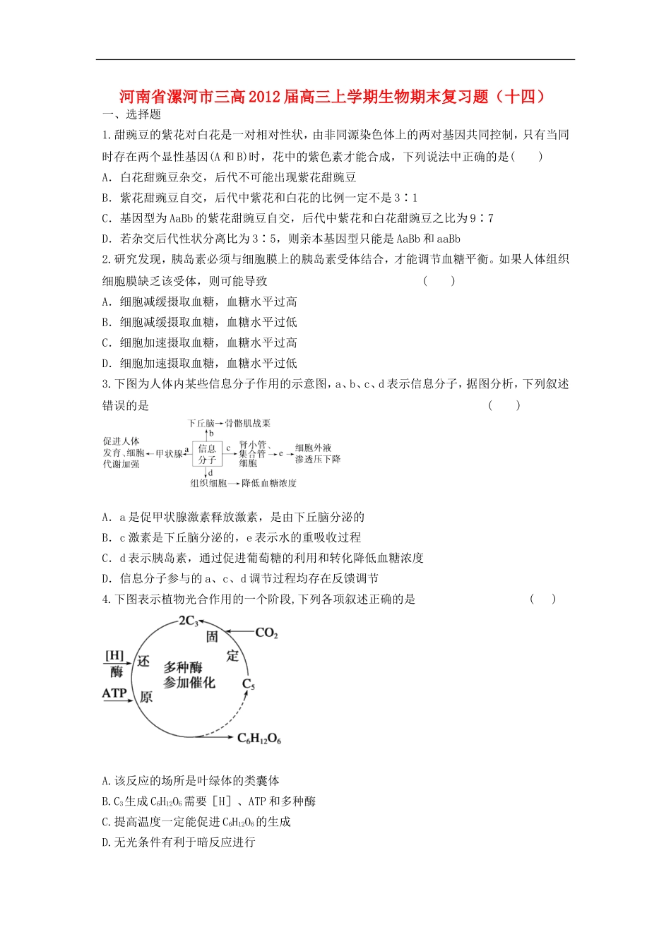 河南省漯河市三高2012届高三生物上学期期末复习题(十四)_第1页
