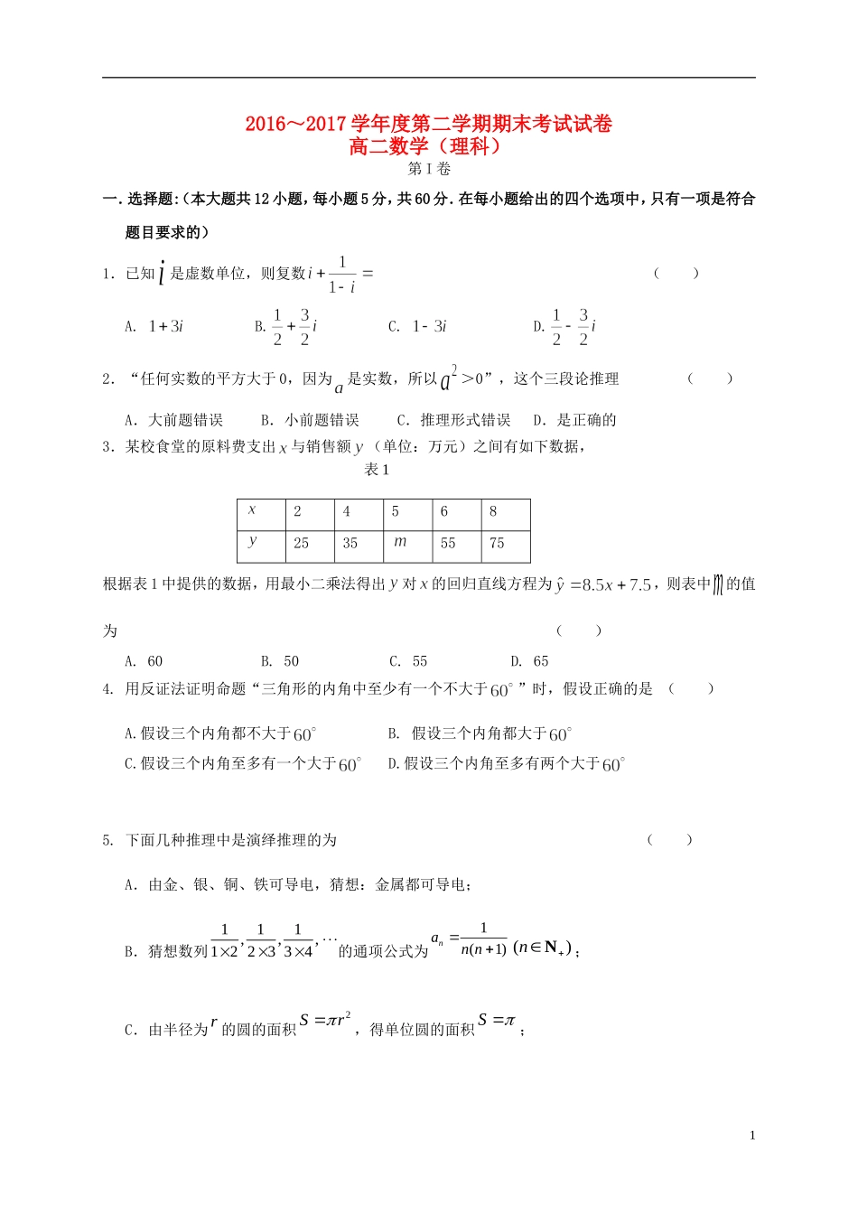 辽宁省大连市高二数学下学期期末考试试题 理-人教版高二全册数学试题_第1页