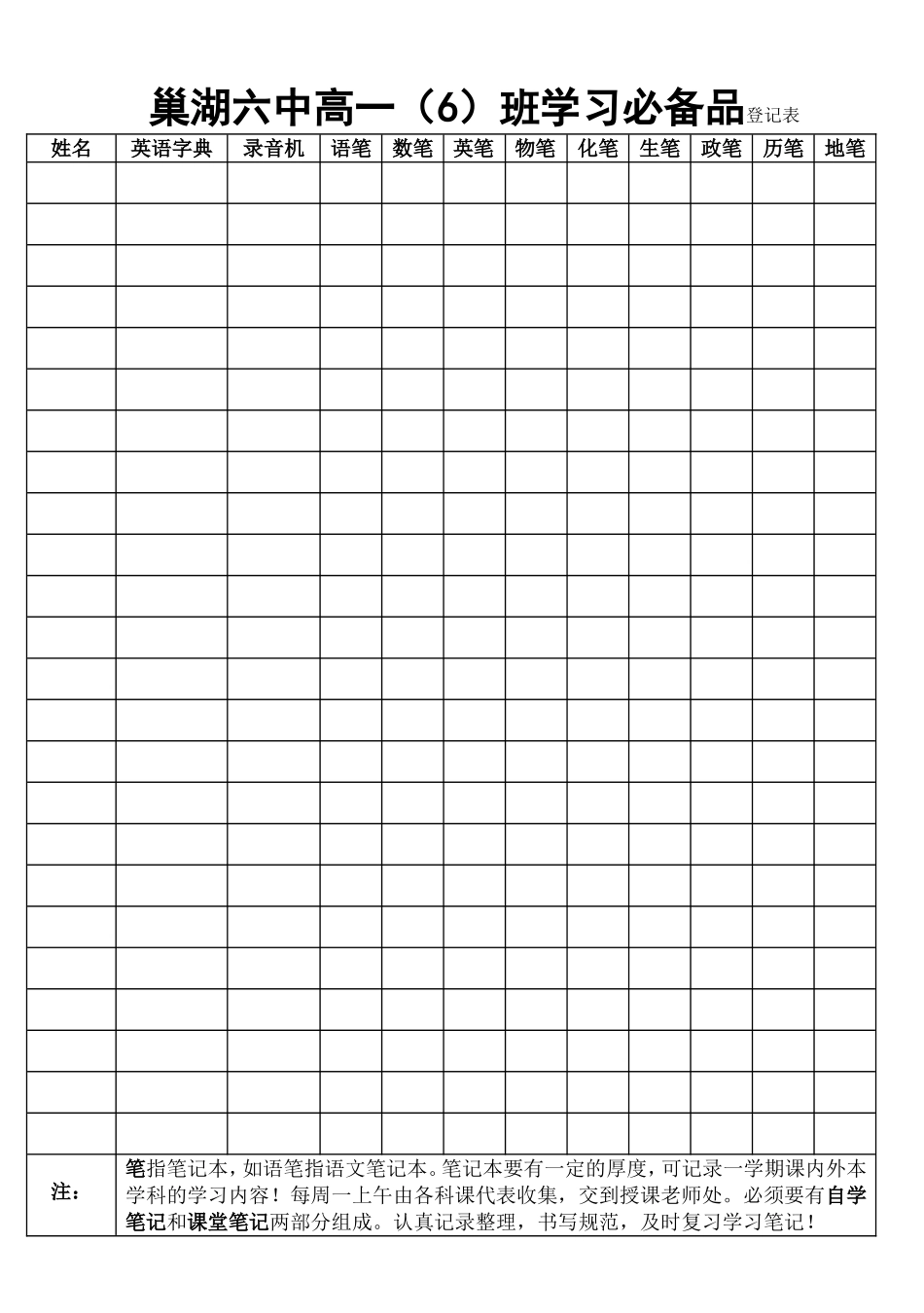 巢湖六中高一(6)班学习必备品登记表_第1页