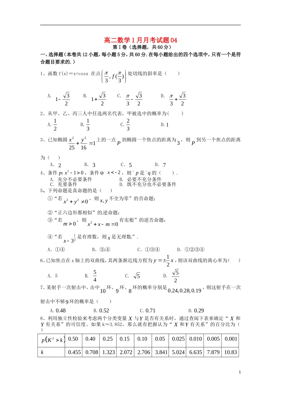 高中高二数学1月月考试题04-人教版高二全册数学试题_第1页