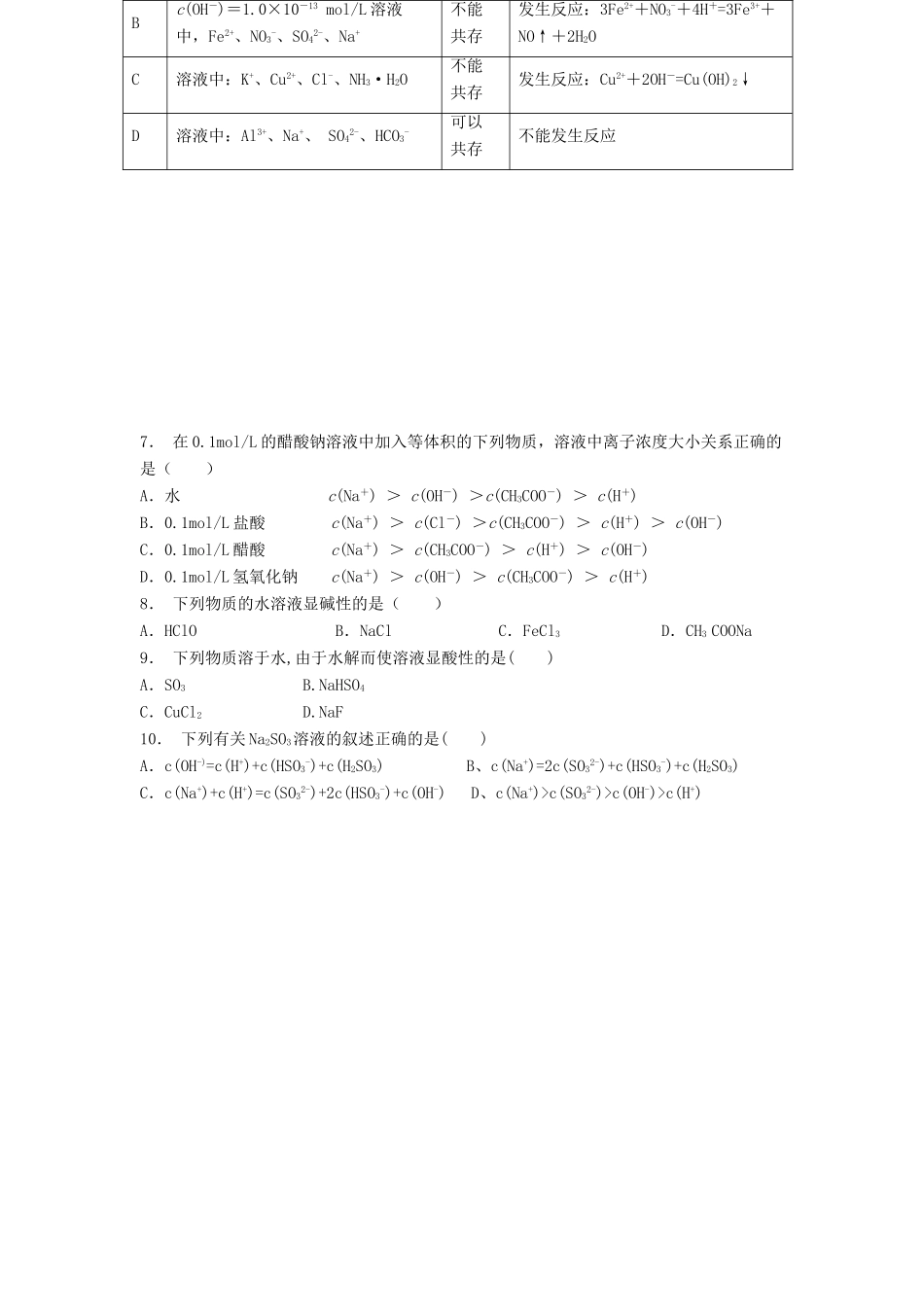江苏省启东市高考化学 水溶液中的离子平衡 盐类的水解 探究盐溶液的酸碱性（1）练习-人教版高三全册化学试题_第2页