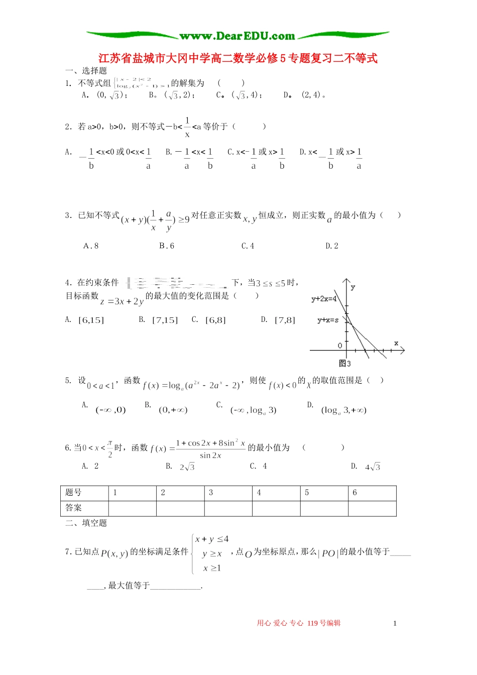 江苏省盐城市大冈中学高二数学必修5专题复习二不等式 苏教版_第1页