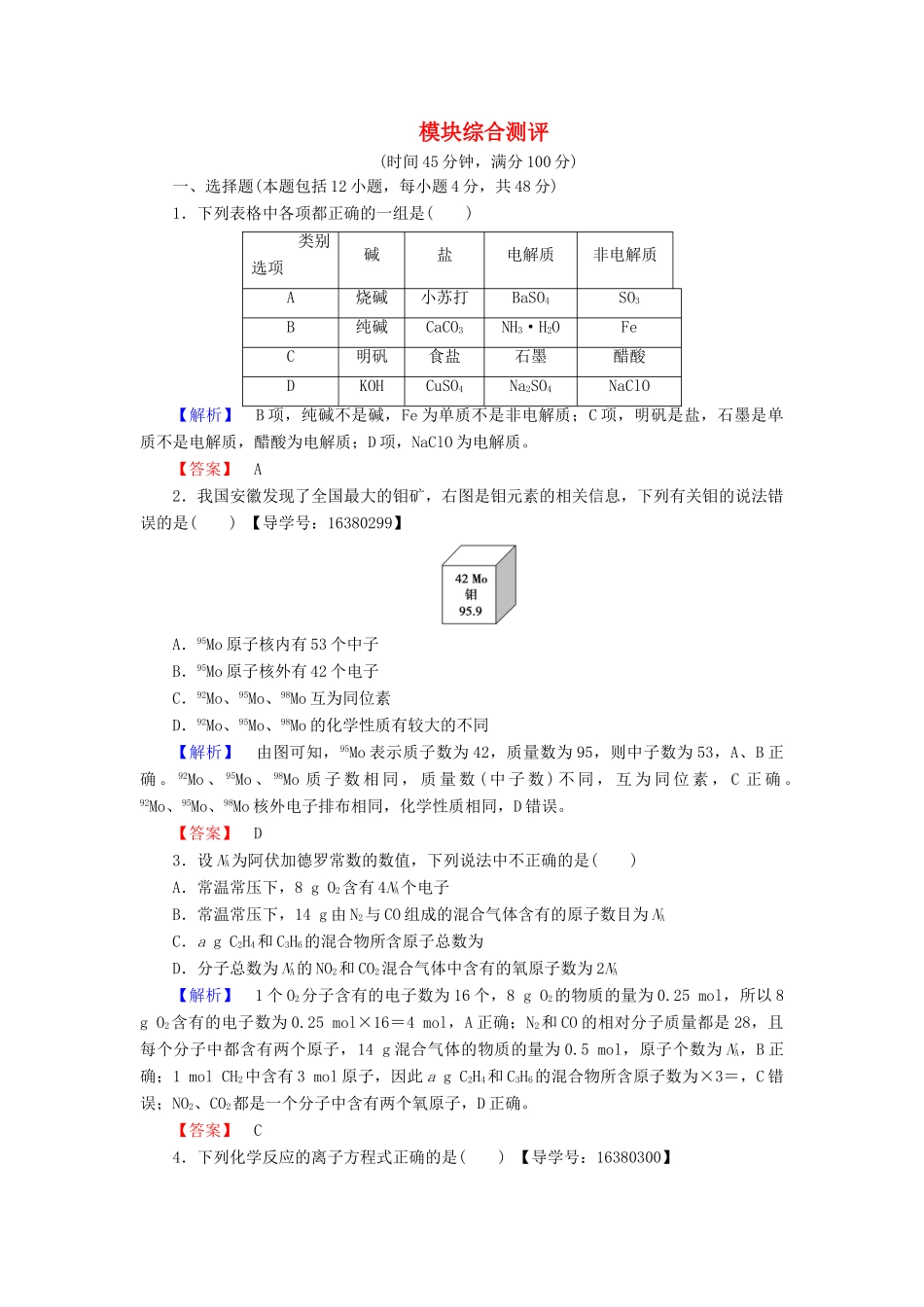 高中化学 模块综合测评 苏教版必修1-苏教版高一必修1化学试题_第1页