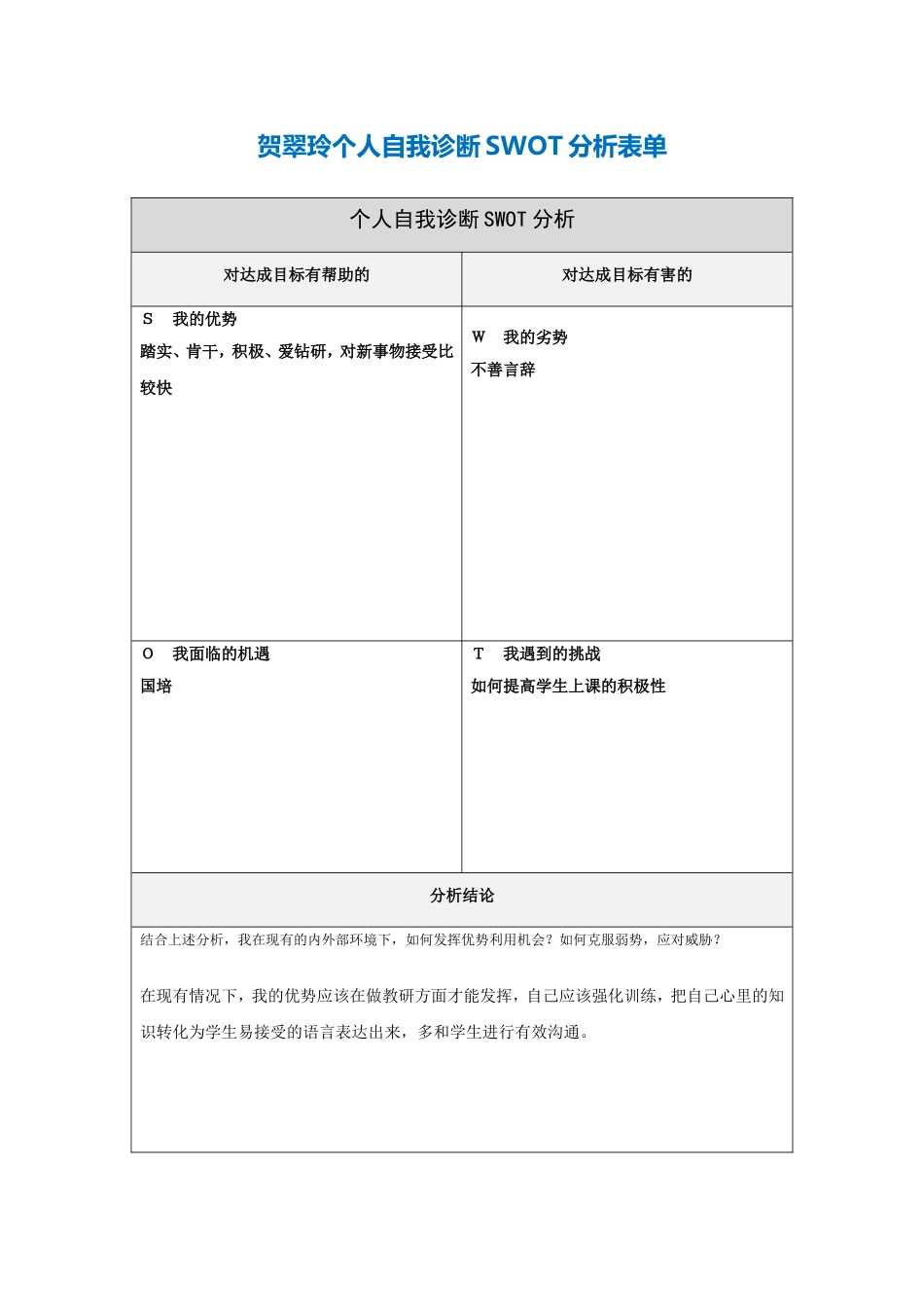 个人自我诊断SWOT分析表[1]_第1页