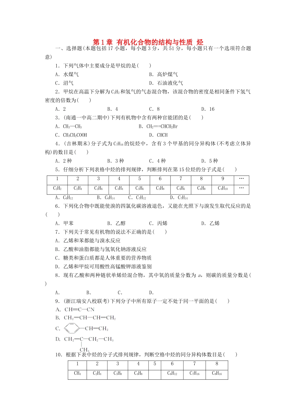 高中化学 第1章 有机化合物的结构与性质烃章末检测 鲁科版选修5-鲁科版高二选修5化学试题_第1页