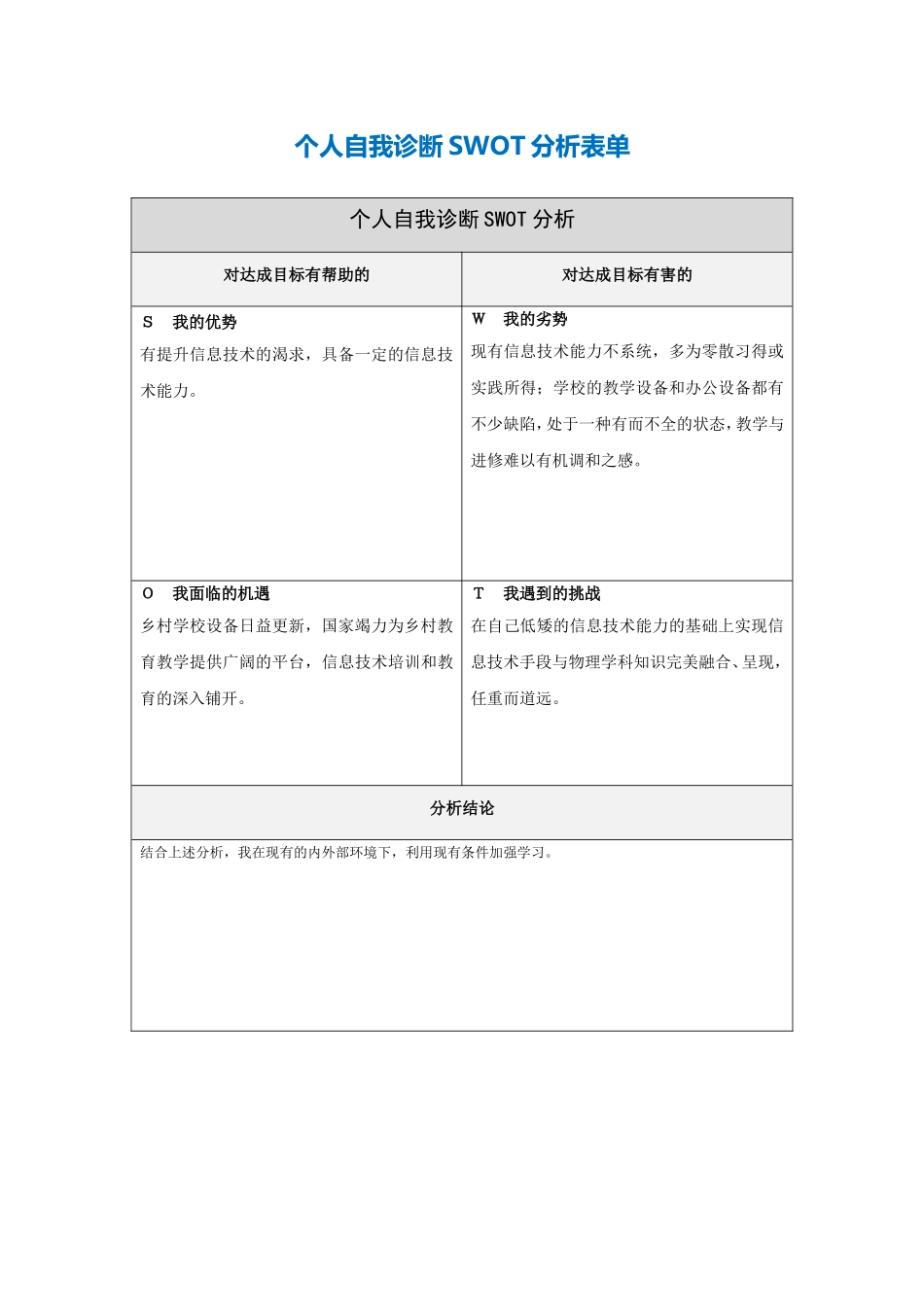 个人自我诊断SWOT分析表(王永国)_第1页