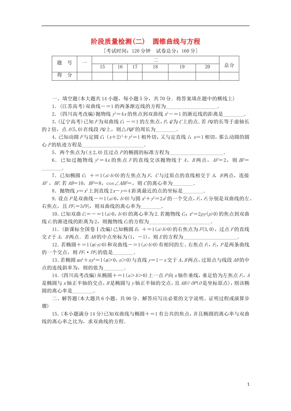 高中数学 阶段质量检测（二）圆锥曲线与方程 苏教版选修1-1-苏教版高二选修1-1数学试题_第1页