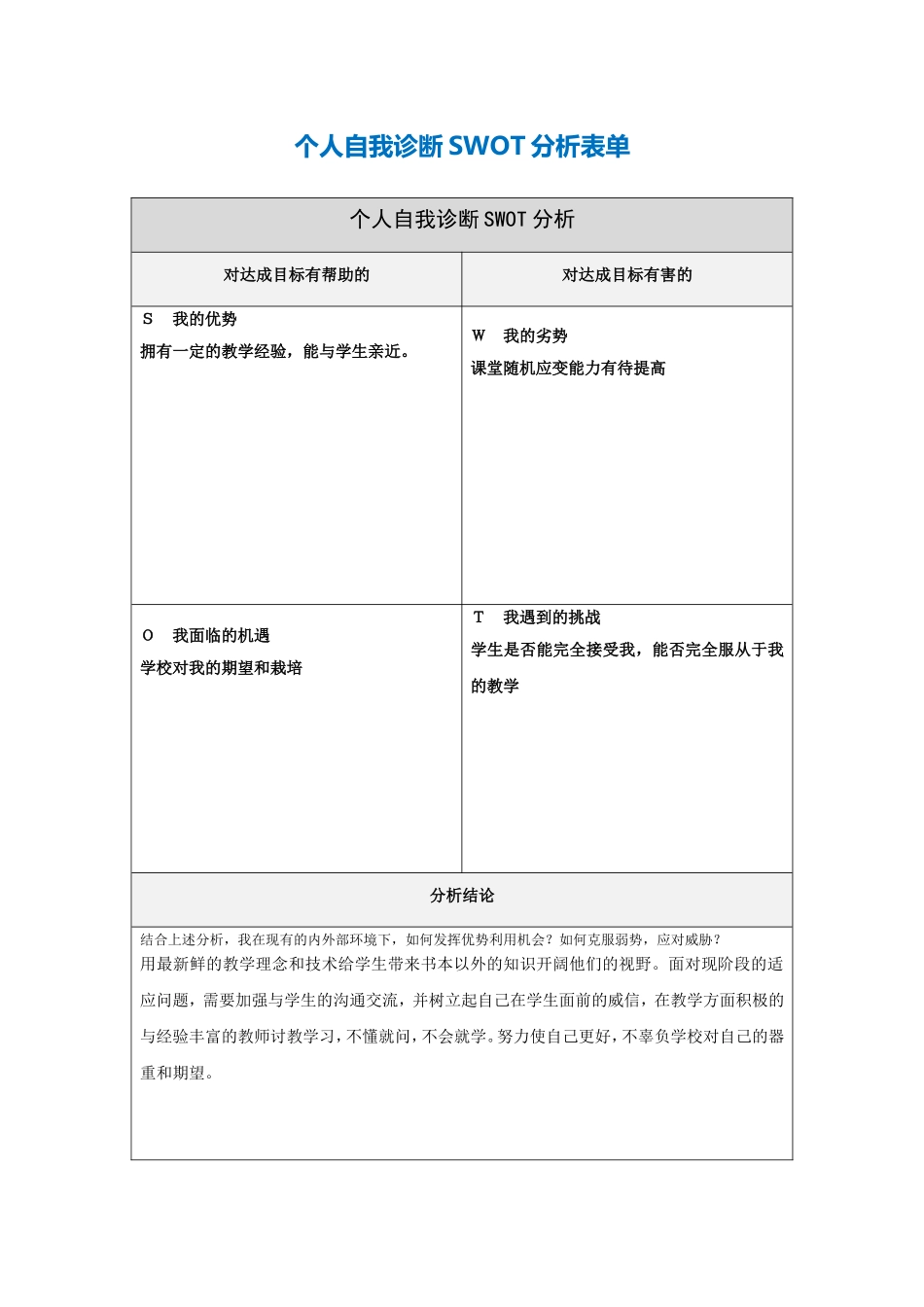 郑丽个人自我诊断SWOT分析表_第1页