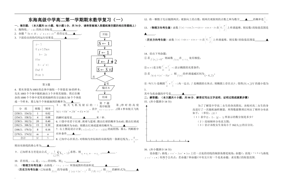 江苏省东海高级中学高二数学期末复习考前训练1人教版选修二_第1页