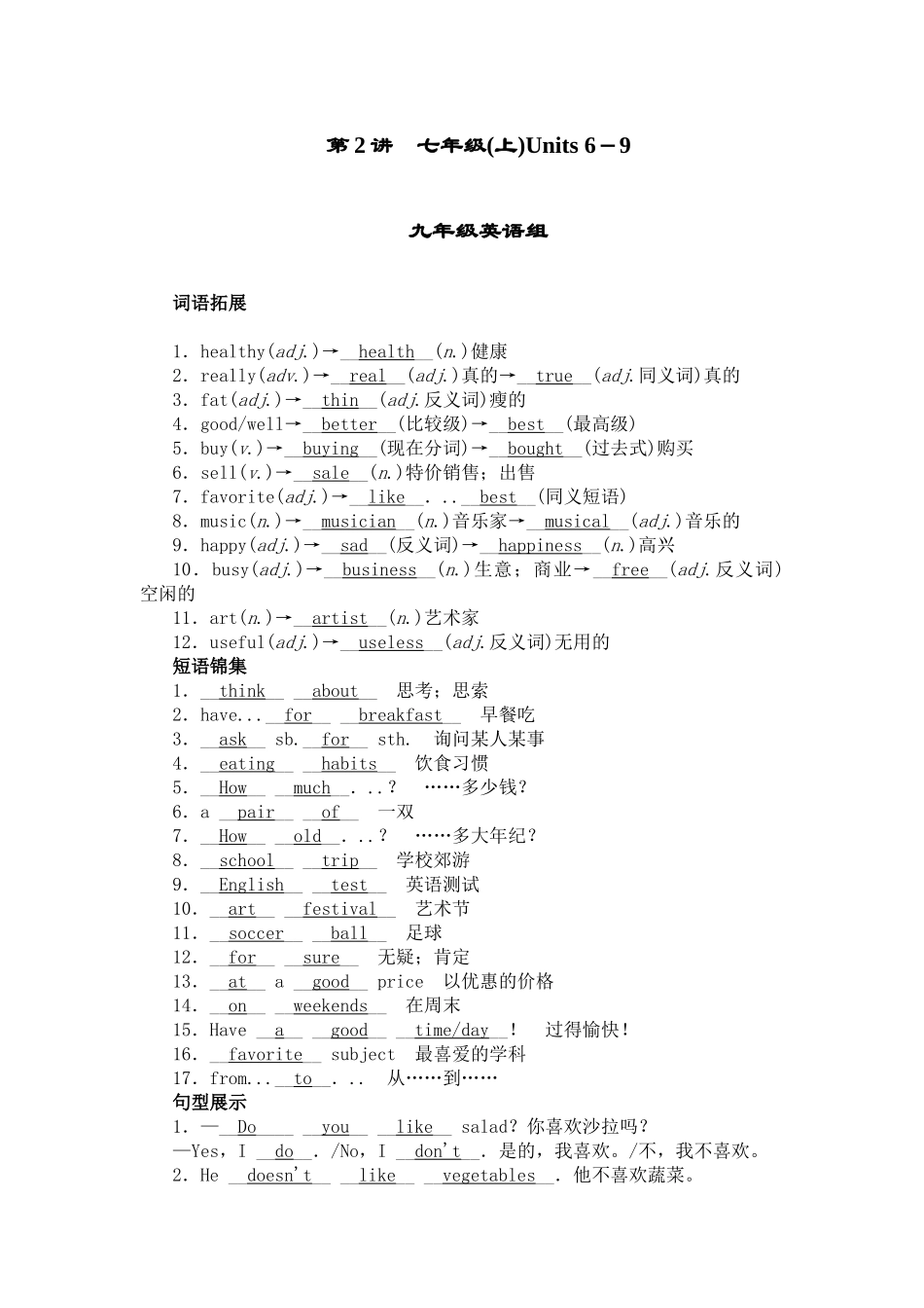 2015年中考英语：第2讲-七年级(上)Units6-9考点跟踪_第1页