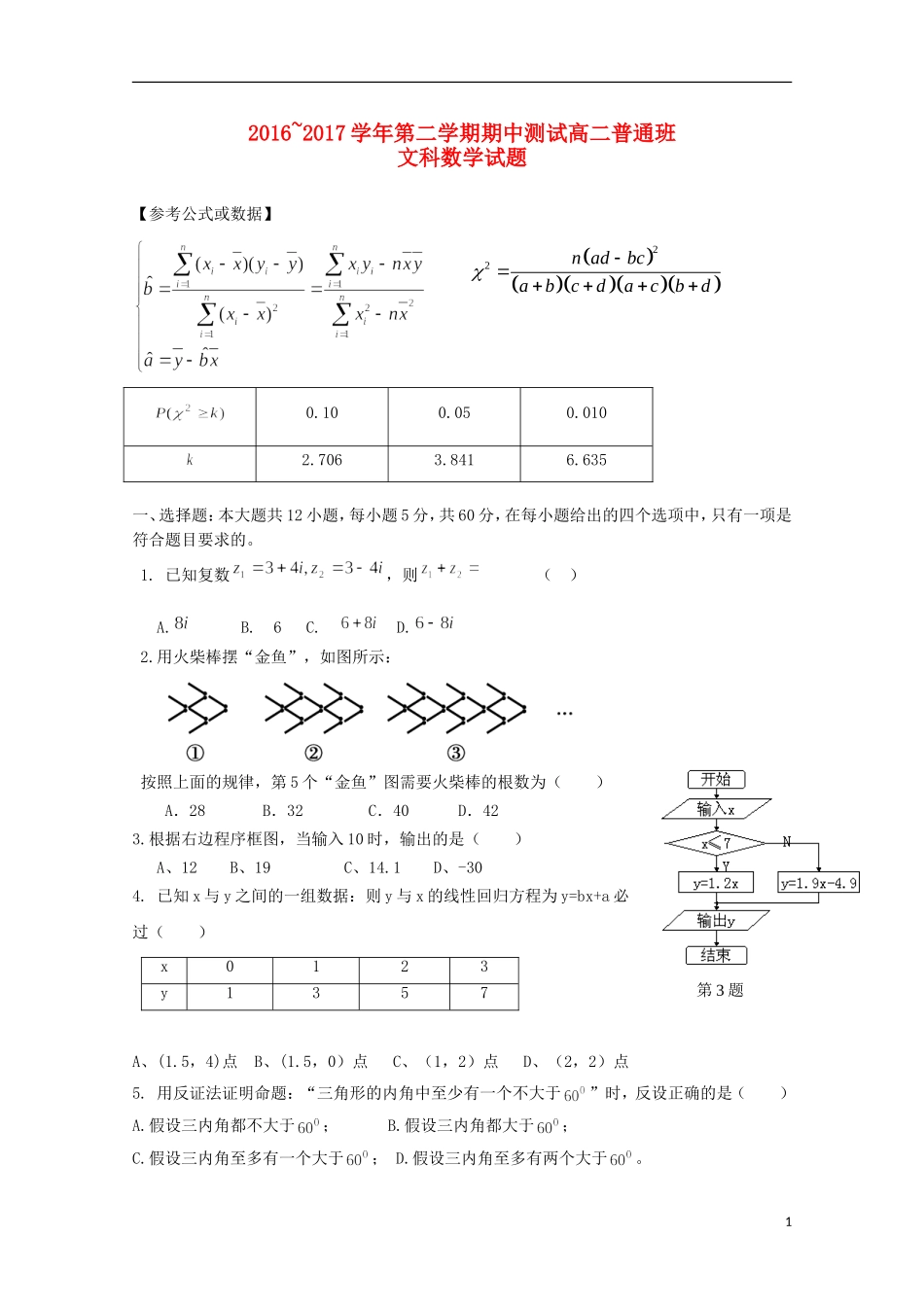 陕西省延安市黄陵县高二数学下学期期中试题（普通班）文-人教版高二全册数学试题_第1页