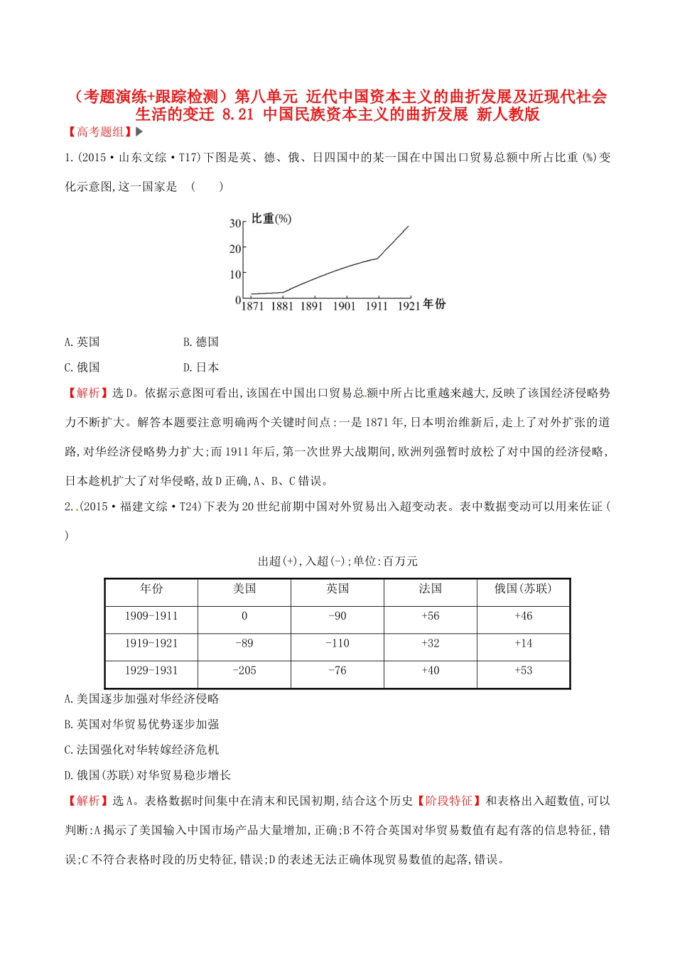 （通史版）高考历史一轮复习（考题演练跟踪检测）第八单元 近代中国资本主义的曲折发展及近现代社会生活的变迁 8.21 中国民族资本主义的曲折发展 新人教版-新人教版高三全册历史试题_第1页