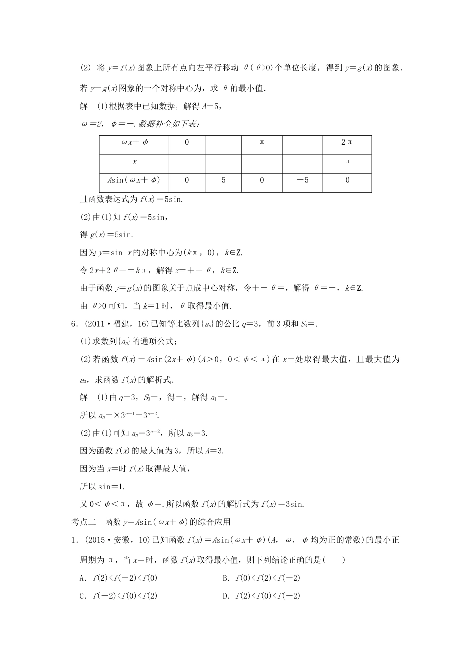 （五年高考真题）高考数学复习 第四章 第三节 y＝Asin（ωx＋φ）的图象和性质及其综合应用 理（全国通用）-人教版高三全册数学试题_第3页
