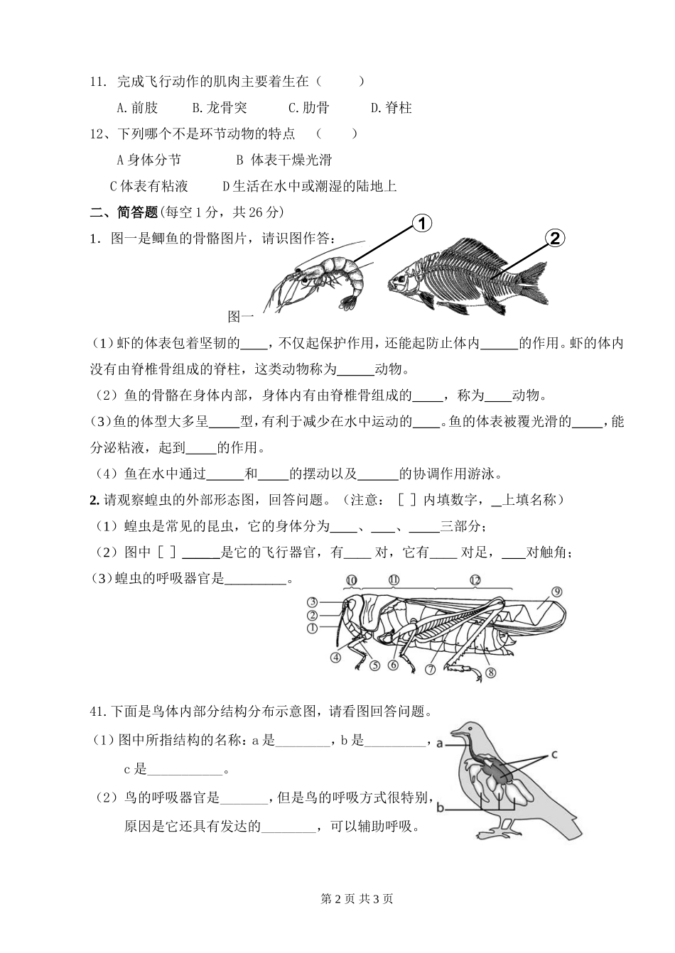 生物9月月考试卷——第一章《动物的主要类群》_第2页
