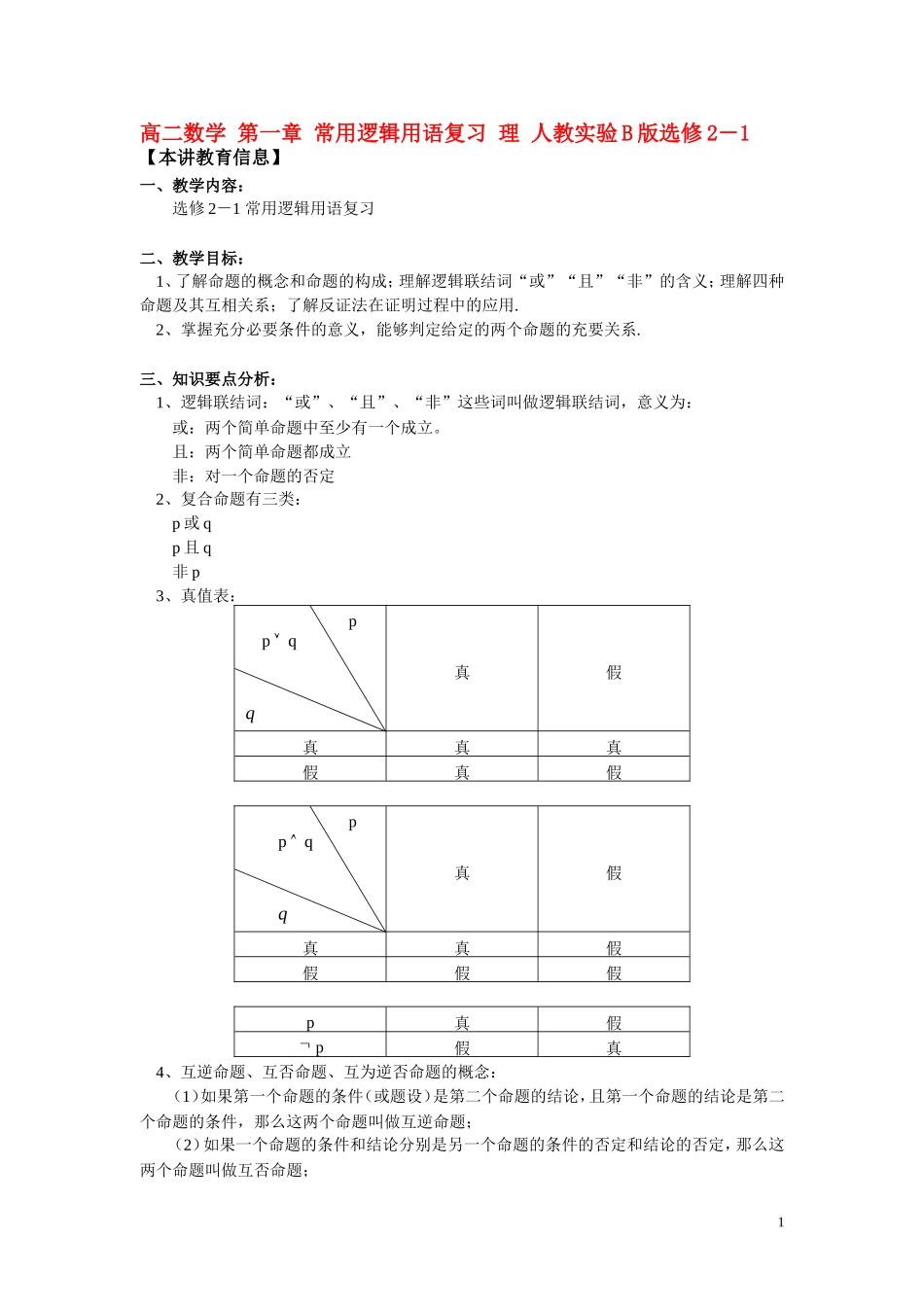 高二数学 第一章 常用逻辑用语复习 理 人教实验B版选修2－1_第1页