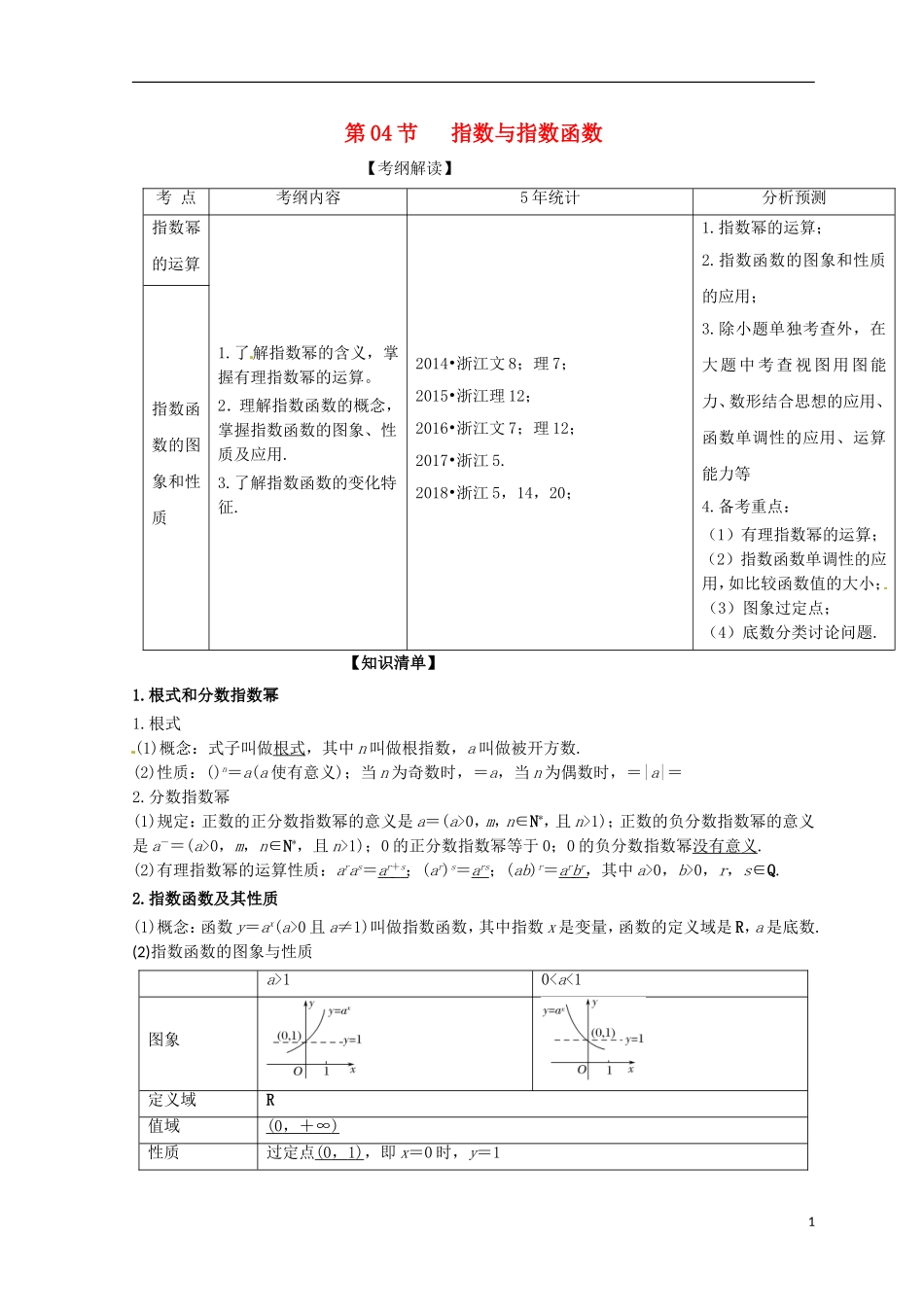 （浙江专版）高考数学一轮复习 专题2.4 指数与指数函数（讲）-人教版高三全册数学试题_第1页
