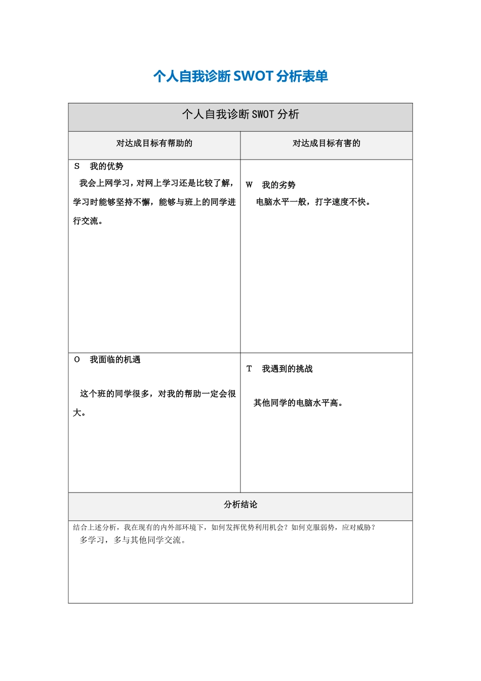 第一步骤所需文档：个人自我诊断SWOT分析表[1]_第1页