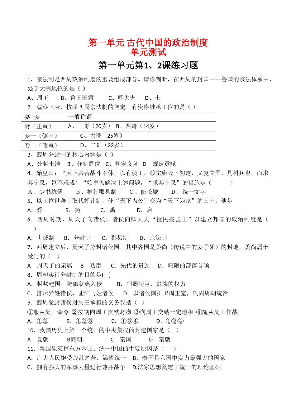 高一历史 第一单元《古代中国的政治制度》单元测试（2）人教版_第1页