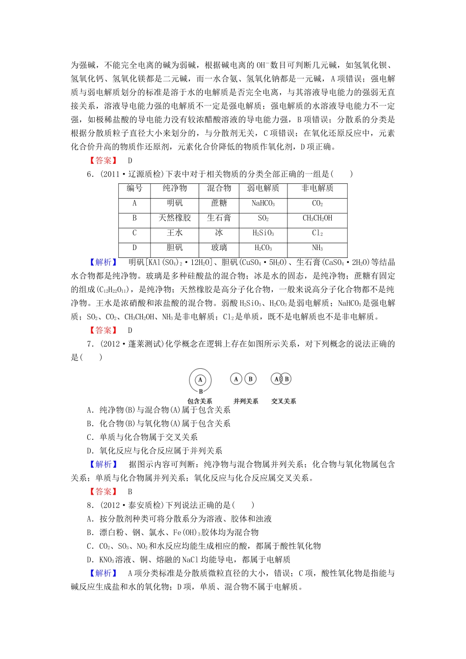 山东省高考化学一轮复习 第2章第1节 元素与物质的分类课时知能训练_第2页