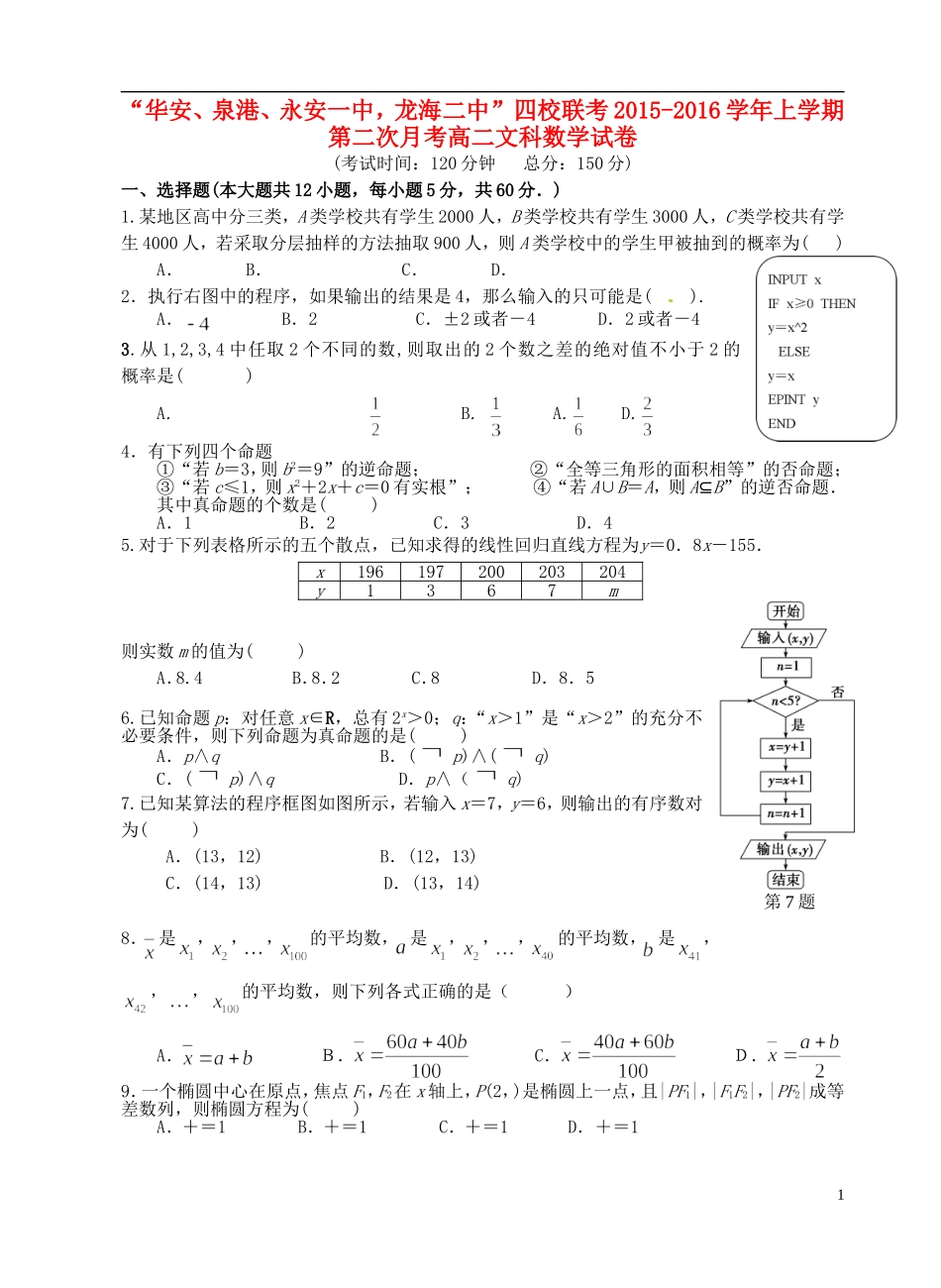 福建省四地六校高二数学上学期第二次联考（11月）试题 文-人教版高二全册数学试题_第1页