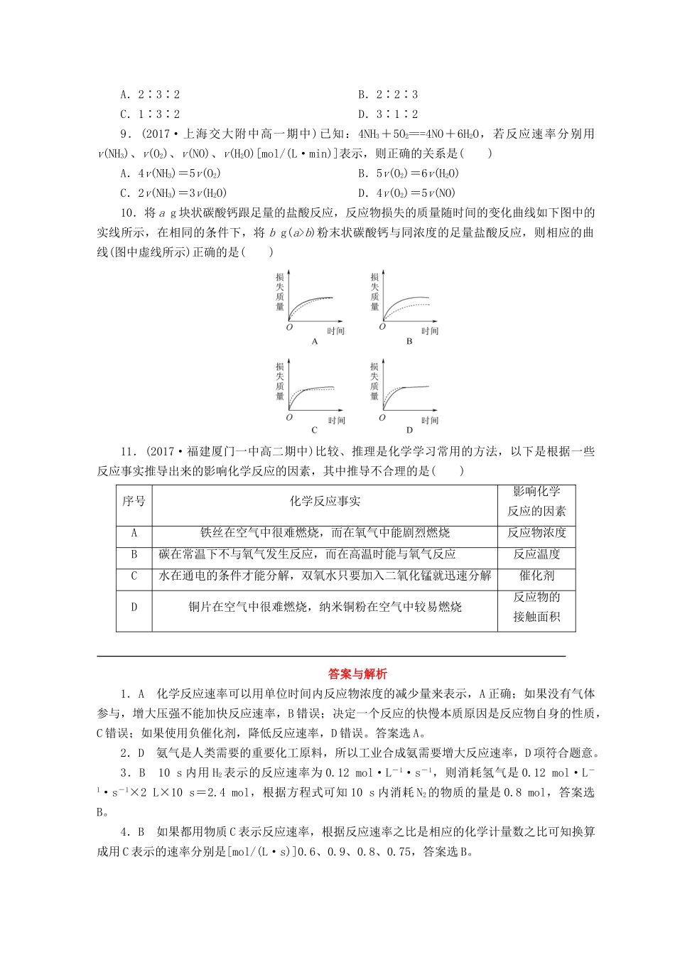 高中化学 专题2 化学反应与能量转化 第一单元 化学反应速率与反应限度 第1课时 化学反应速率课时作业 苏教版必修2-苏教版高一必修2化学试题_第2页