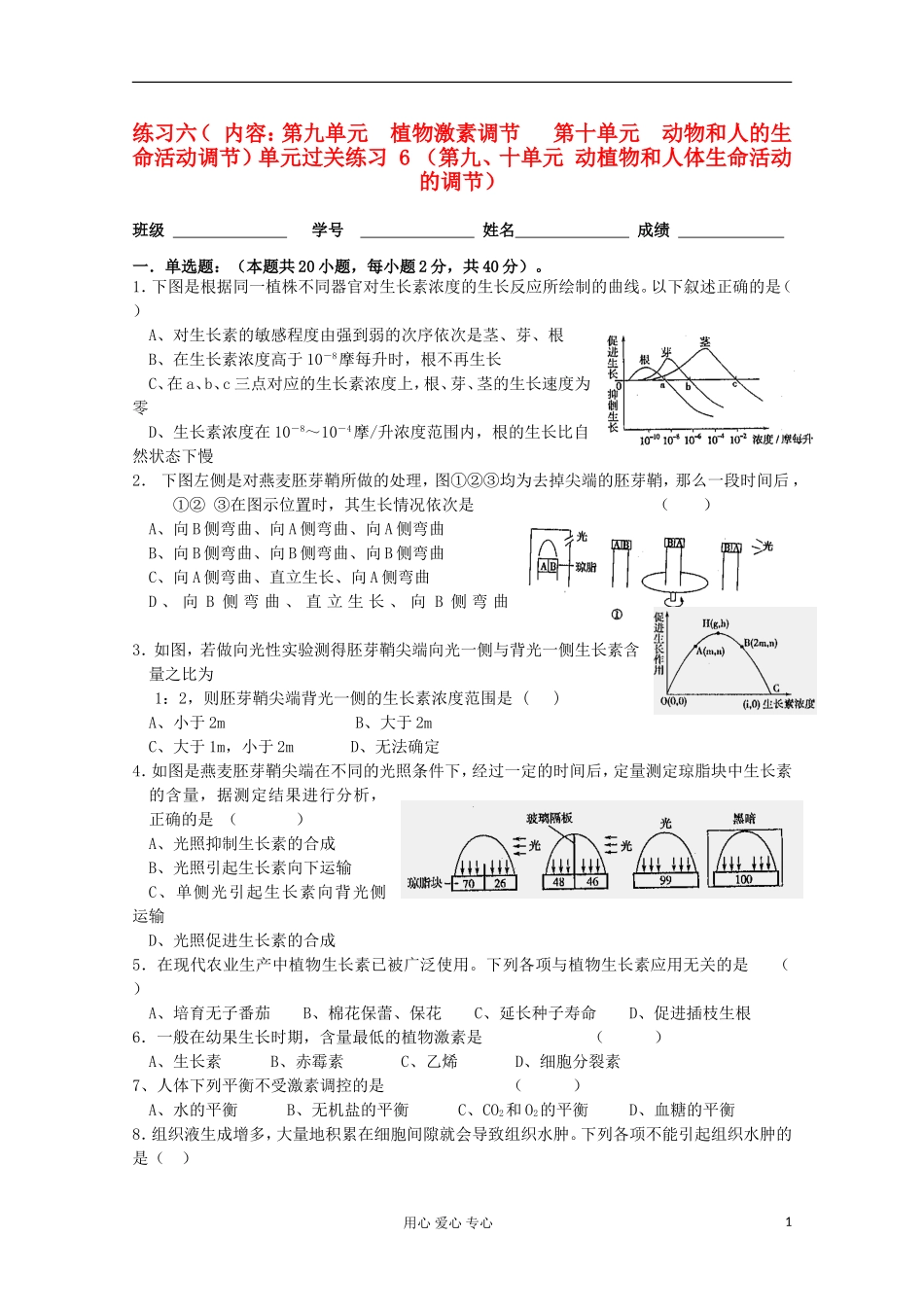 【三步曲】高考生物第一轮复习-第九单元-植物激素调节-第十单元-动物和人的生命活动调节过关练习6_第1页
