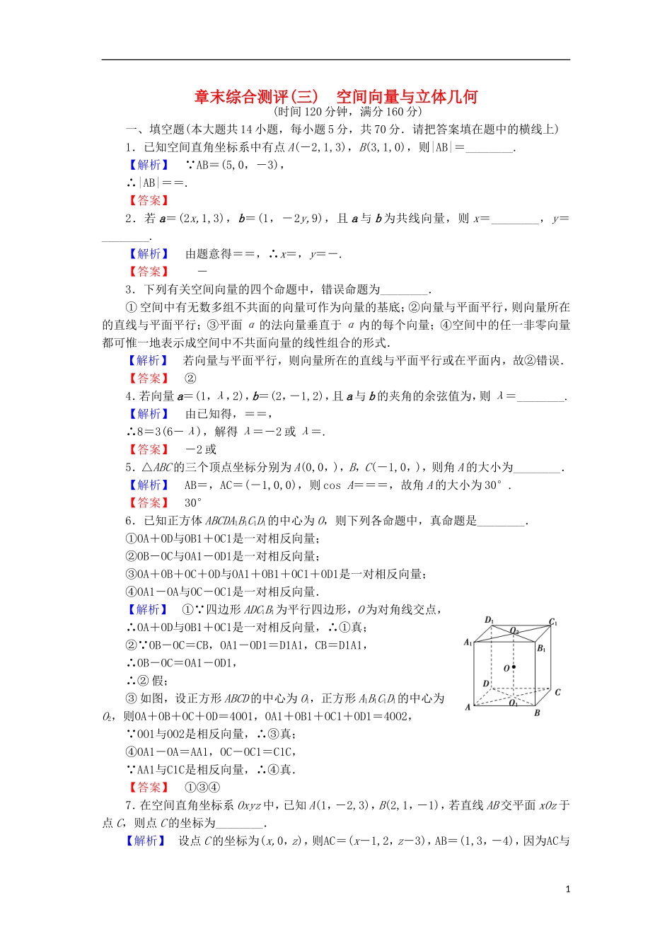 高中数学 第3章 空间向量与立体几何章末综合测评 苏教版选修2-1-苏教版高二选修2-1数学试题_第1页
