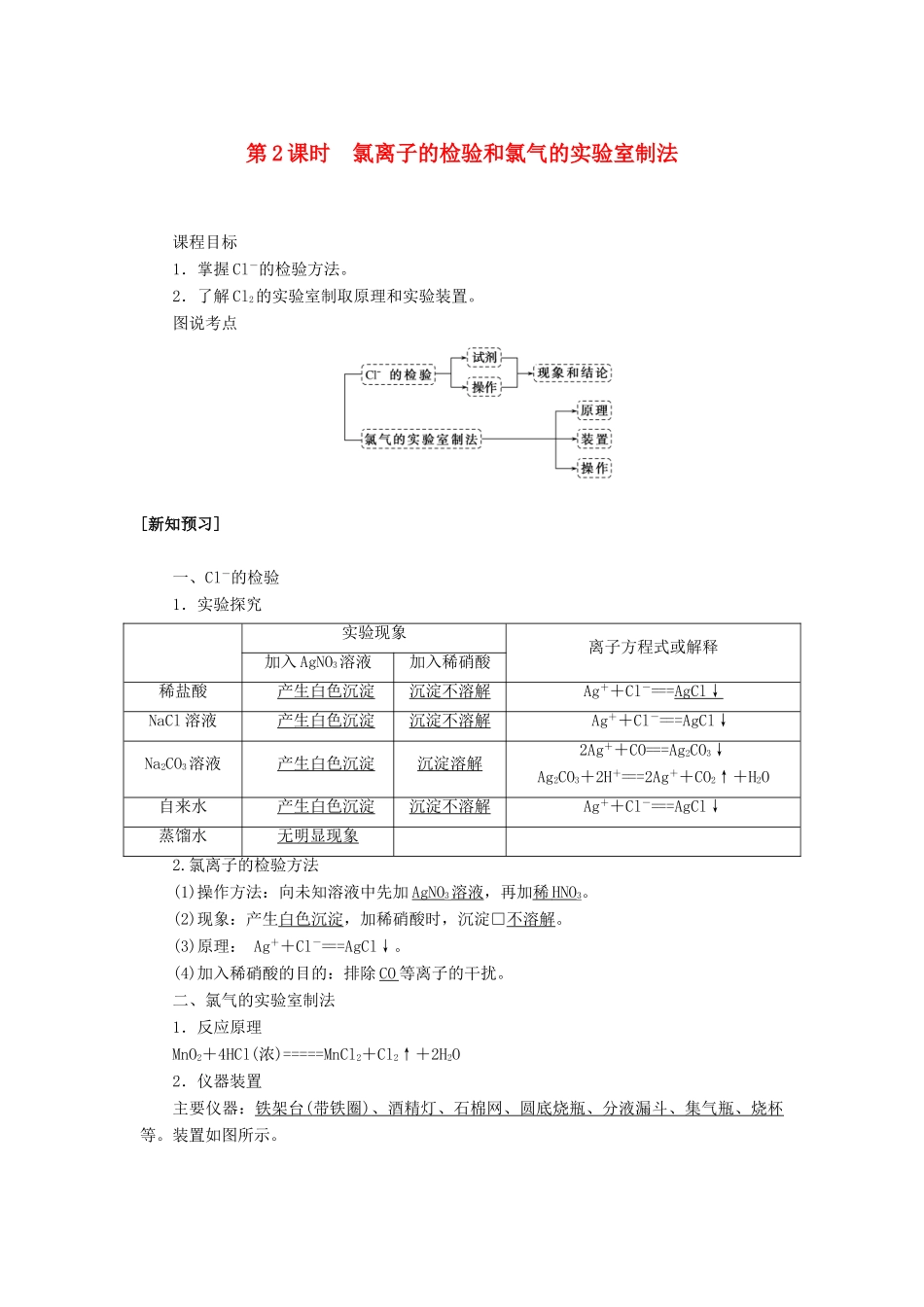 高中化学 4.2.2 第2课时 氯离子的检验和讲义练习 新人教版必修1-新人教版高一必修1化学试题_第1页