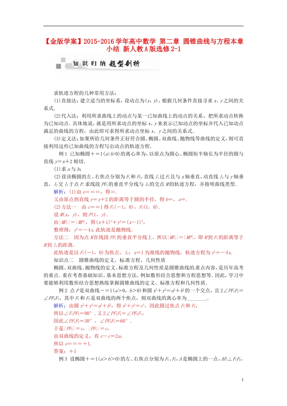 高中数学 第二章 圆锥曲线与方程本章小结 新人教A版选修2-1-新人教A版高二选修2-1数学试题_第1页