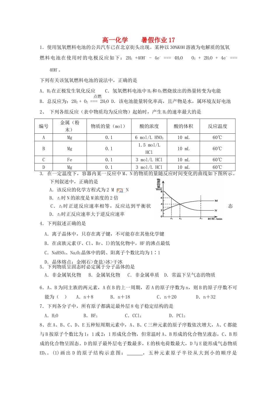 高一化学七月暑假作业17-人教版高一全册化学试题_第1页