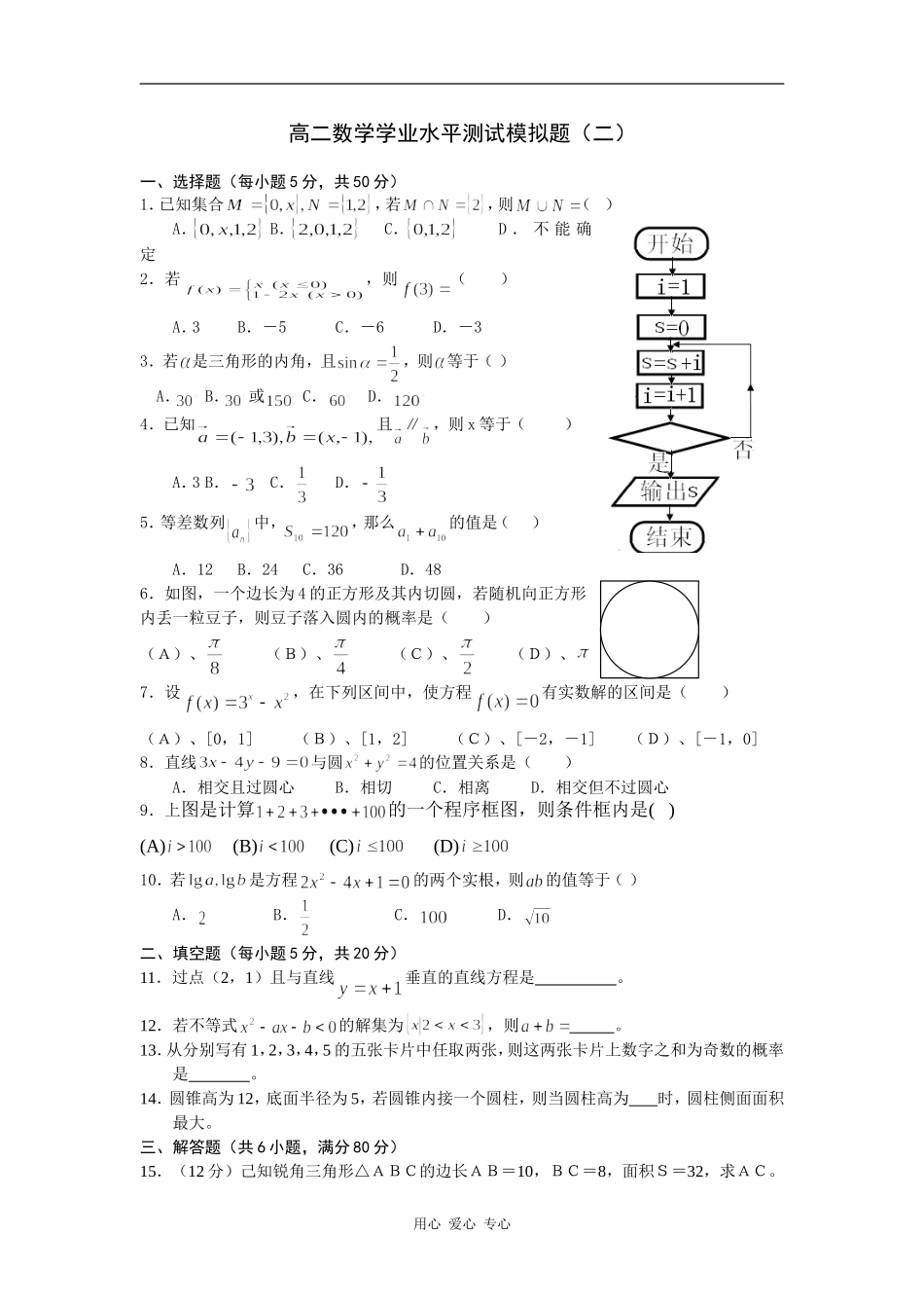 高二数学学业水平测试模拟题2_第1页