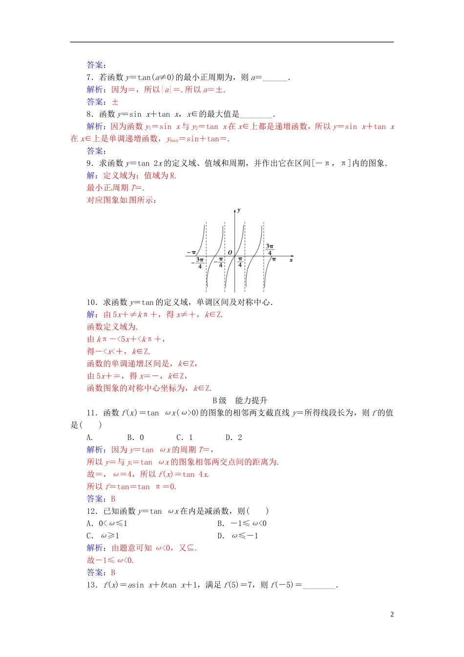 高中数学 第1章 三角函数 1.3-1.3.2 三角函数的图象与性质 第2课时 正切函数的图象与性质练习 苏教版必修4-苏教版高二必修4数学试题_第2页