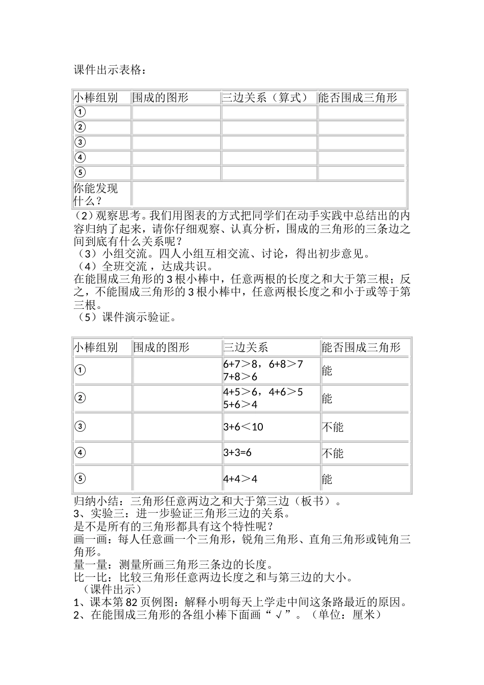 人教2011版小学数学四年级三角形三边关系教学设计_第2页