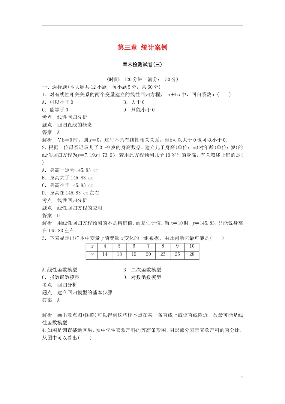 高中数学 第三章 统计案例章末检测试卷 新人教A版选修2-3-新人教A版高二选修2-3数学试题_第1页